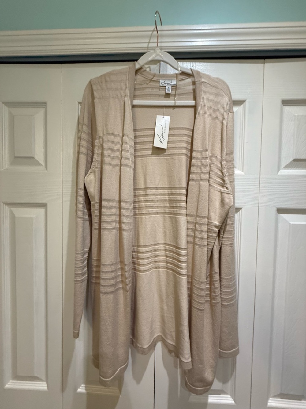 Kensie Beige Open-Front Textured Stripe Cardigan